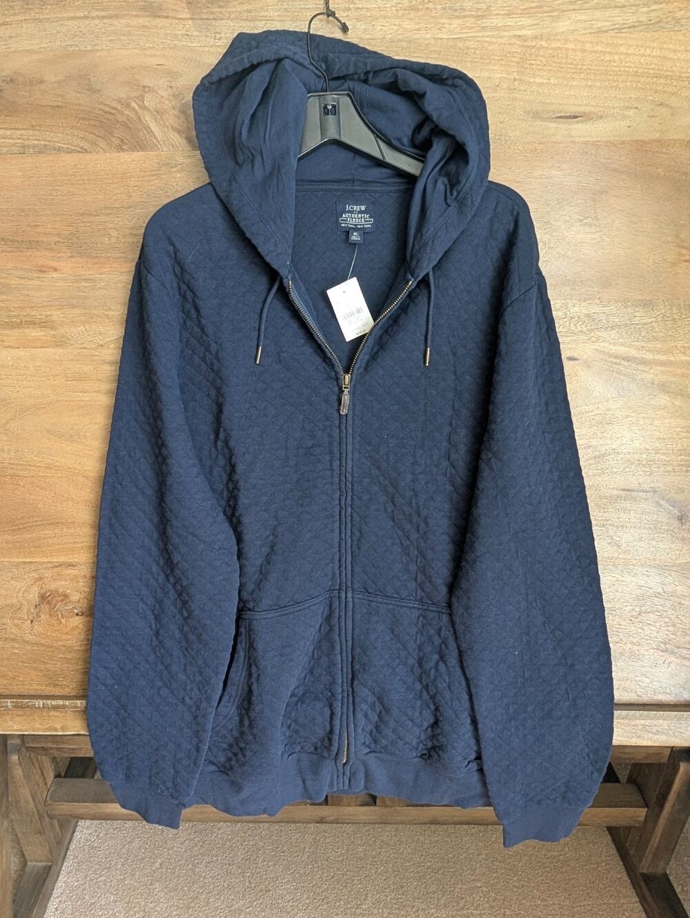 NWT J.Crew Authentic Fleece Quilted Hoodie Mens X-Large Navy Blue Full Zip CD793